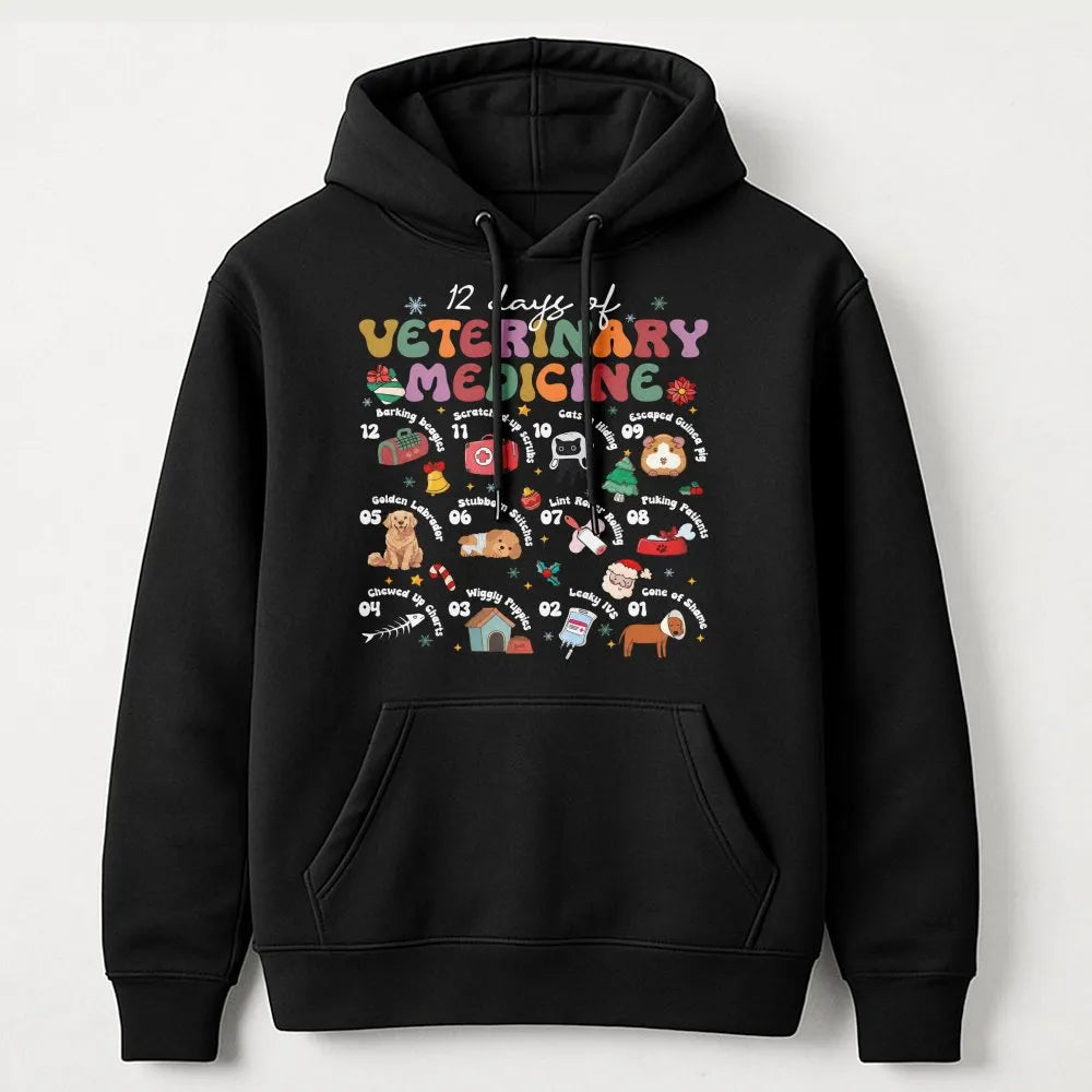 Humorous Vet Tech Christmas Sweatshirt, 12 Days of Veterinary Medicine Hoodie, Animal Doctor Hooded Pullover, Holiday Present