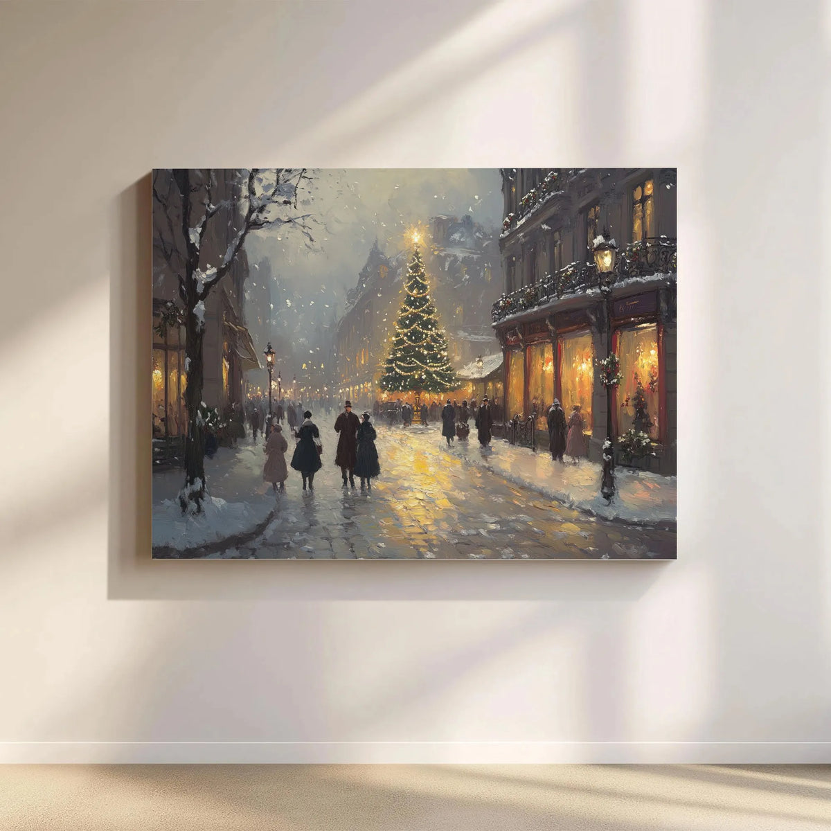 Snowy European City Wall Art, Victorian Christmas Street Scene Canvas, Festive Winter Oil Painting Print, Holiday Christmas T