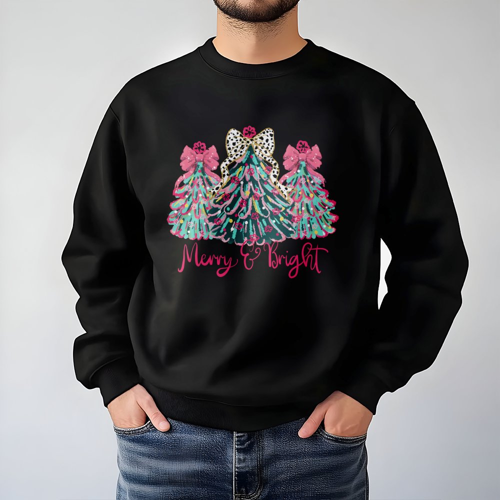 Leopard Print Tree Sweatshirt, Merry and Bright Christmas Sweatshirt, Colorful Holiday Crewneck, Festive Winter Pullover, Xma