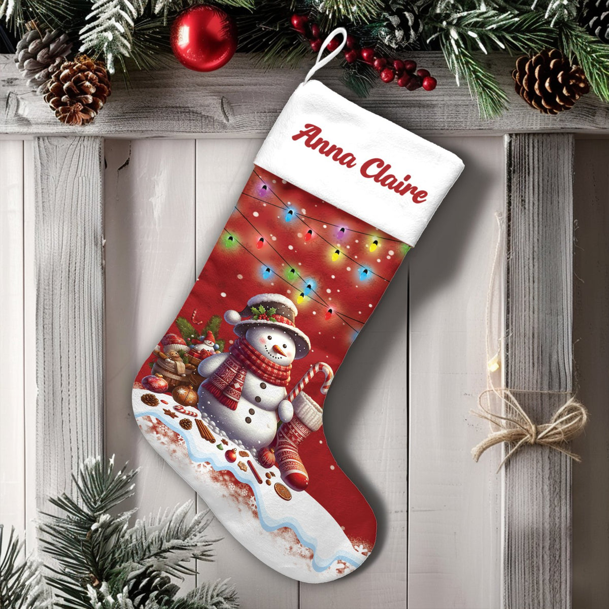 Adorable Holiday Lights Christmas Stocking, Personalized Snowman Christmas Stocking, Custom Name Winter Holiday Stocking, Fam