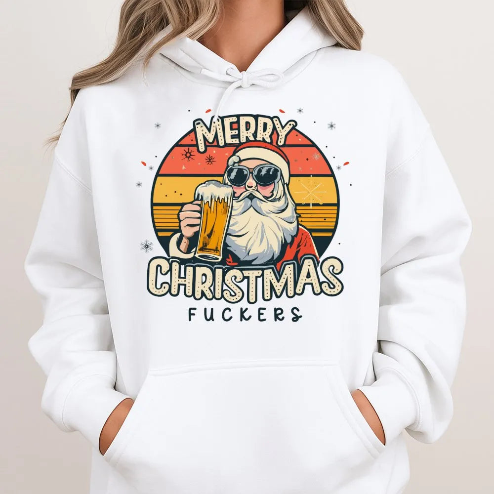 Humorous Santa Sweatshirt, Beer Drinking Santa Hoodie, Retro Santa Graphic Pullover, Sarcastic Christmas Santa Hoodie, Adult 
