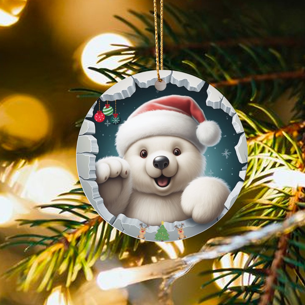 Santa Hat Ice Wall Tree Ornament, Adorable Polar Bear Christmas Ornament, Ceramic Arctic Animal Holiday Ornament, Winter Keep