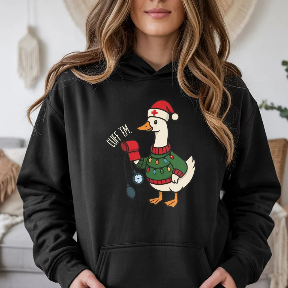 Humorous Goose Cuff Em Hoodie, Nurse Christmas Hoodie, Holiday Healthcare Worker Pullover, Adorable Nursing Student Xmas Pres