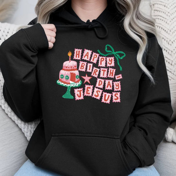 Retro Christmas Cake Graphic Sweatshirt, Happy Birthday Jesus Hoodie, Vintage Christian Holiday Pullover, Faith Religious Xma