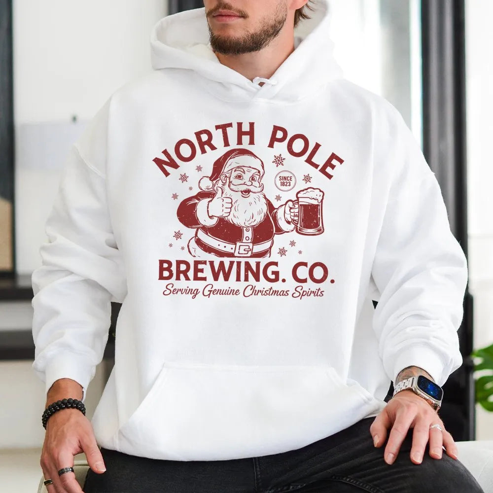 Humorous Santa Drinking Beer Hoodie, North Pole Brewing Co Hoodie, Vintage Xmas Holiday Graphic Sweatshirt, Christmas Party P