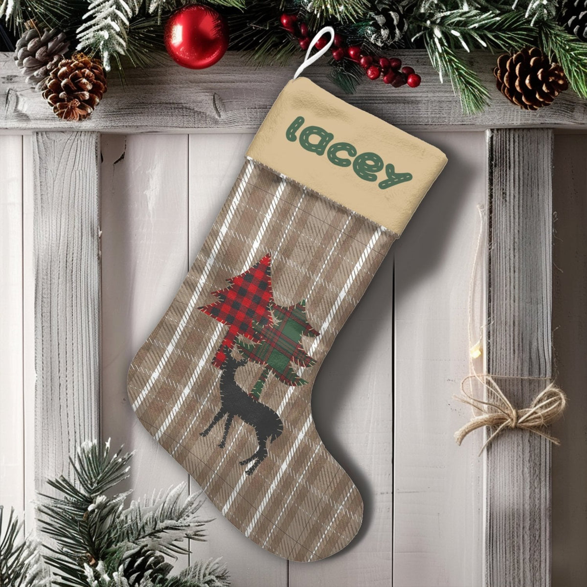 Personalized Christmas Stocking, Rustic Plaid Reindeer Christmas Stocking, Holiday Farmhouse Stocking, Comfy Winter Fireplace