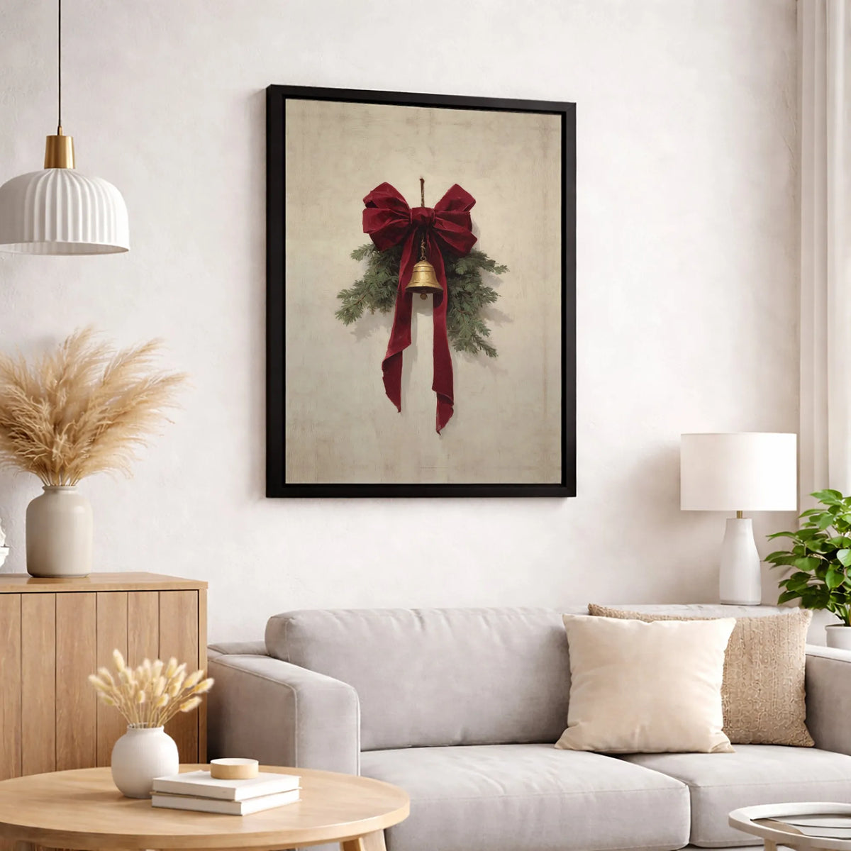 Rustic Red Velvet Bow Canvas Print, Christmas Jingle Bell Wall Art, Pine Branch Holiday Canvas Decor, Winter Farmhouse Season