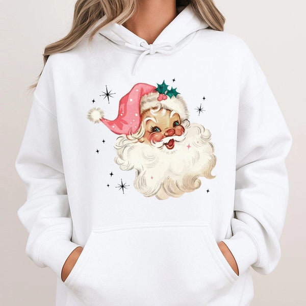 Vintage Santa Christmas Hoodie, Pink Hat Retro Santa Hoodie, Adorable Pink Holiday Hoodie, Winter Aesthetic Hooded Sweatshirt