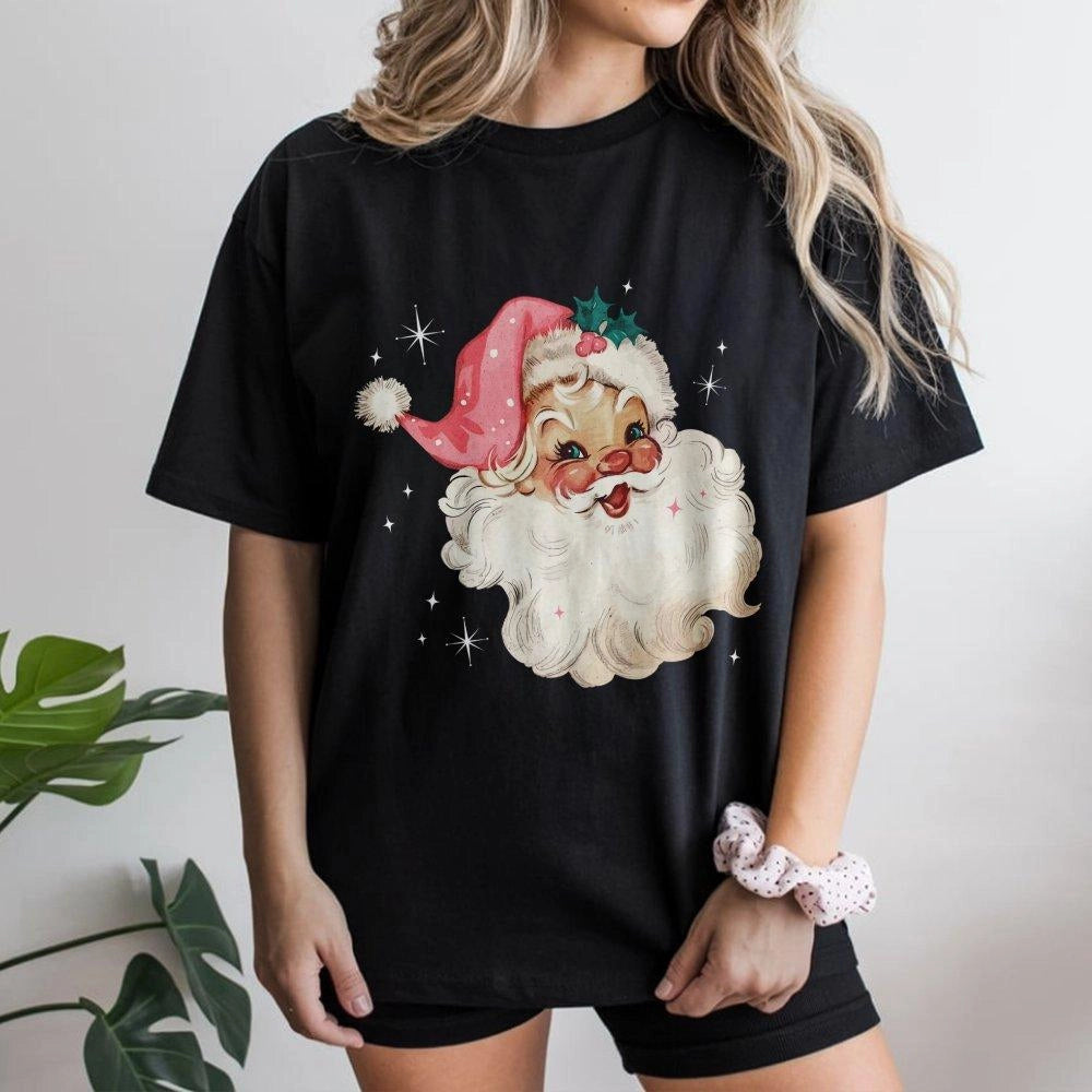 Pink Hat Vintage Christmas T-Shirt, Retro Santa T-Shirt, Festive Holiday Graphic Shirt, Adorable Xmas Santa Tee, Holiday Seas