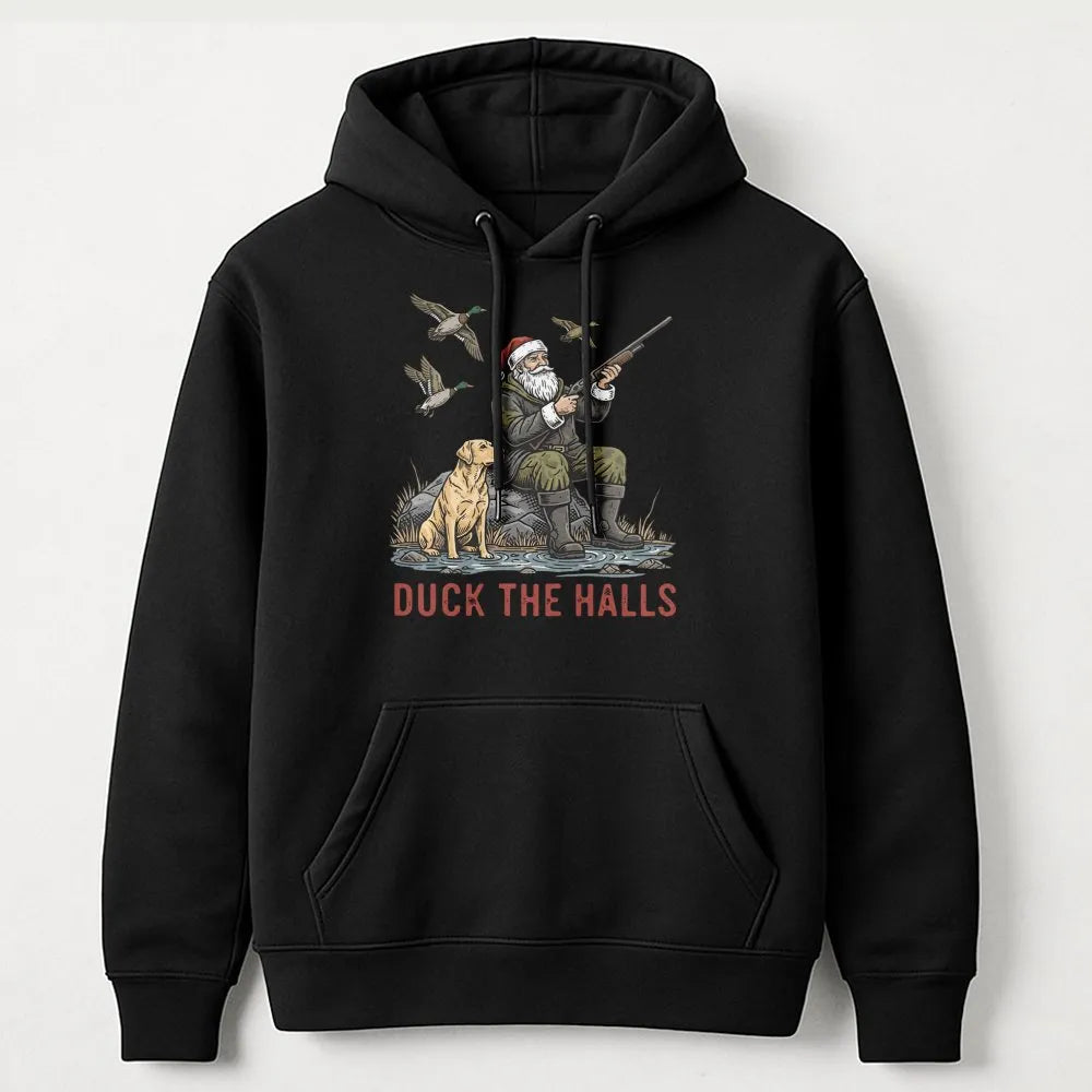 Santa Duck Hunting Labrador Sweatshirt, Duck the Halls Christmas Hoodie, Humorous Xmas Hunter Hoodie, Holiday Outdoorsman Hoo