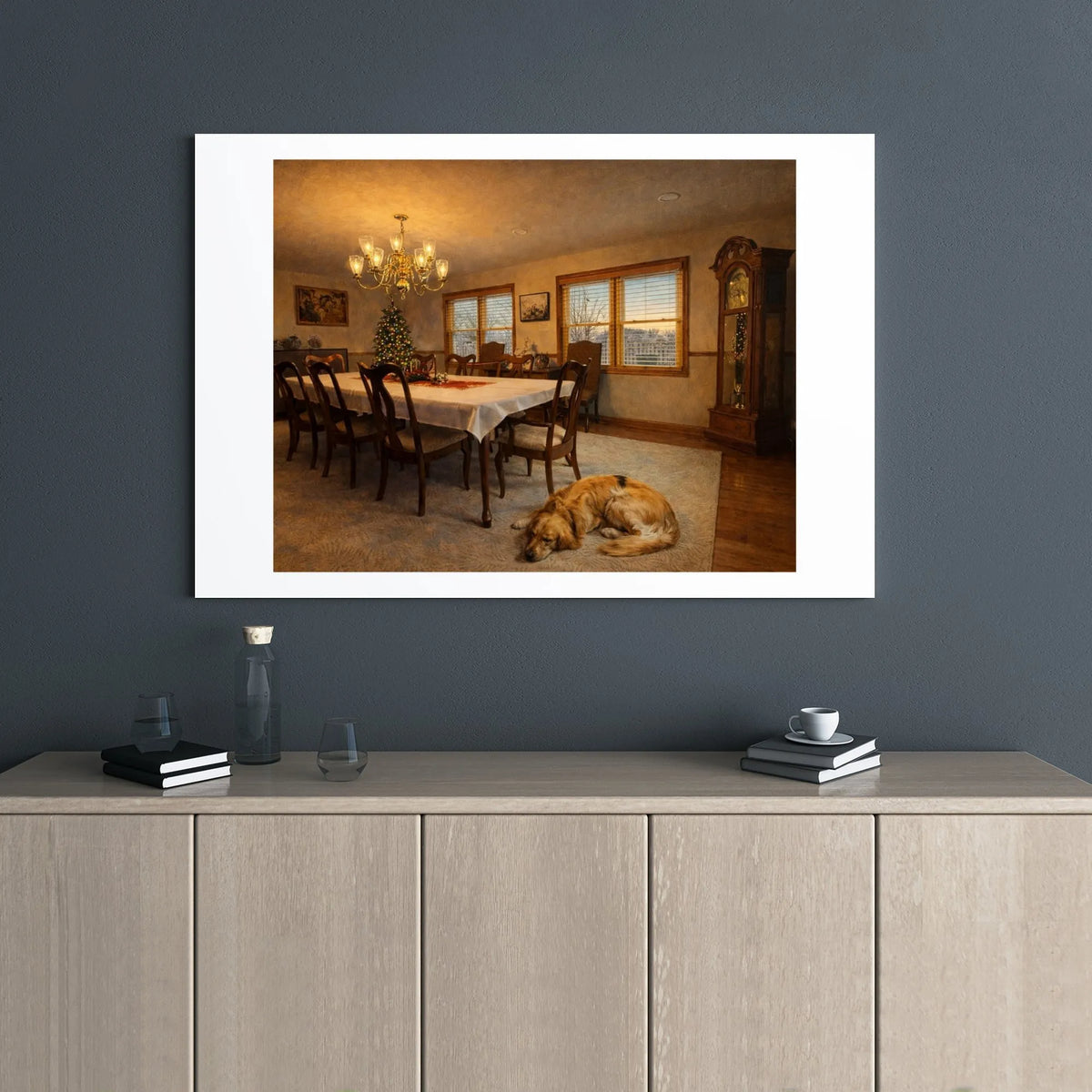 Comfy Holiday Dog Canvas Print, Golden Retriever Christmas Canvas Art, Festive Dining Room Canvas Wall Decor, Winter Puppy Ar