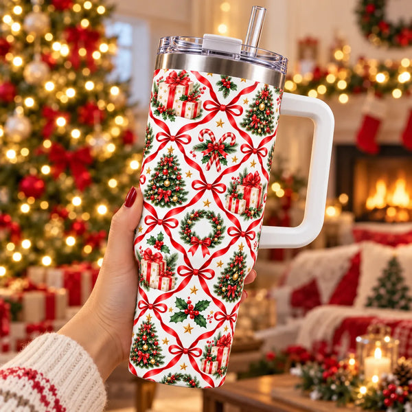 Wreath Candy Cane Holiday Tumbler, Red Bow Ribbon Lattice Christmas Tumbler, 40oz Insulated Christmas Travel Cup, Xmas Presen