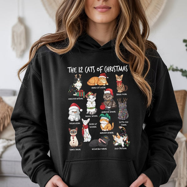 Festive Kitten Illustration Sweatshirt, 12 Cats of Christmas Hoodie, Adorable Cat Lover Holiday Pullover, Humorous Pet Owner 