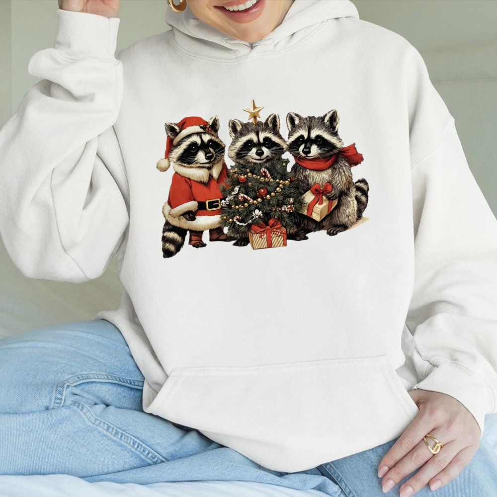 Adorable Holiday Forest Animal Sweatshirt, Christmas Raccoon Hoodie, Retro Winter Wildlife Graphic Hoodie, Festive Animal Lov