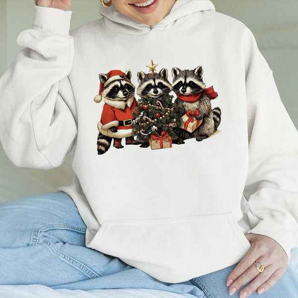 Adorable Holiday Forest Animal Sweatshirt, Christmas Raccoon Hoodie, Retro Winter Wildlife Graphic Hoodie, Festive Animal Lov