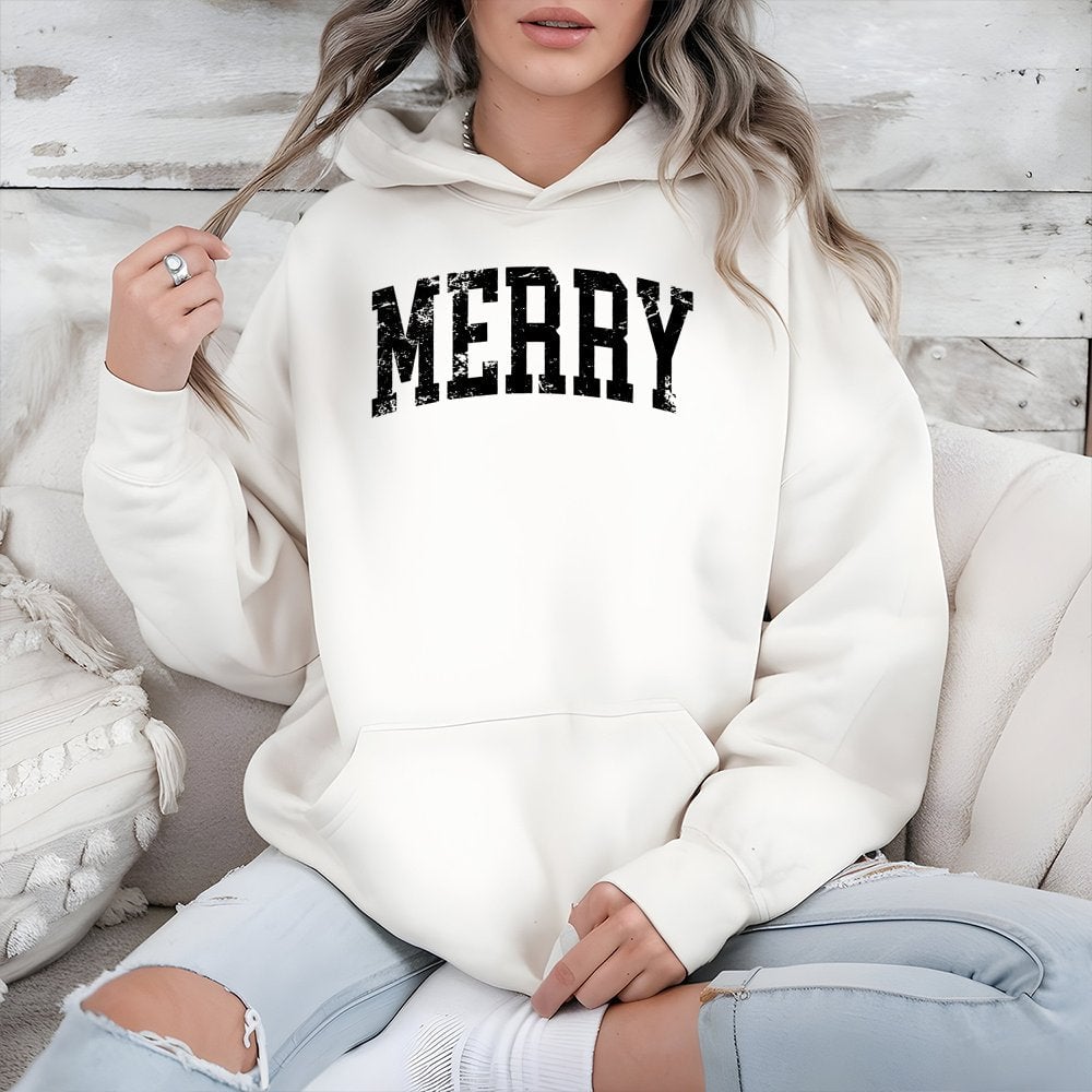 Distressed Holiday Lettering Sweatshirt, Retro Varsity Merry Christmas Hoodie, Vintage Winter Season Hooded Pullover Present