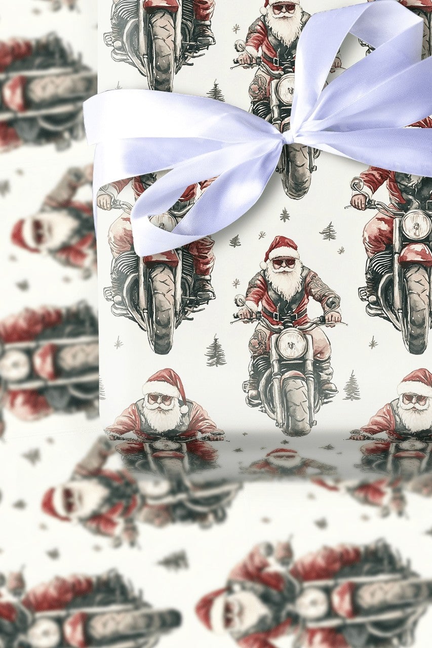 Motorcycle Christmas Gift Wrap, Biker Santa Wrapping Paper, Cool Santa Holiday Wrapping Paper, Retro Motorcyclist Xmas Gift W