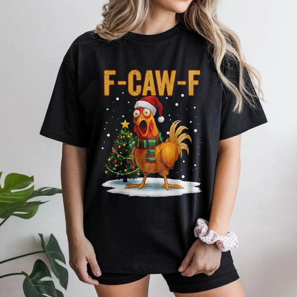 Santa Hat Rooster Graphic Shirt, Chicken F-Caw-F Christmas T-Shirt, Humorous Farm Holiday Pun Tee, Sarcastic Xmas Poultry T-S