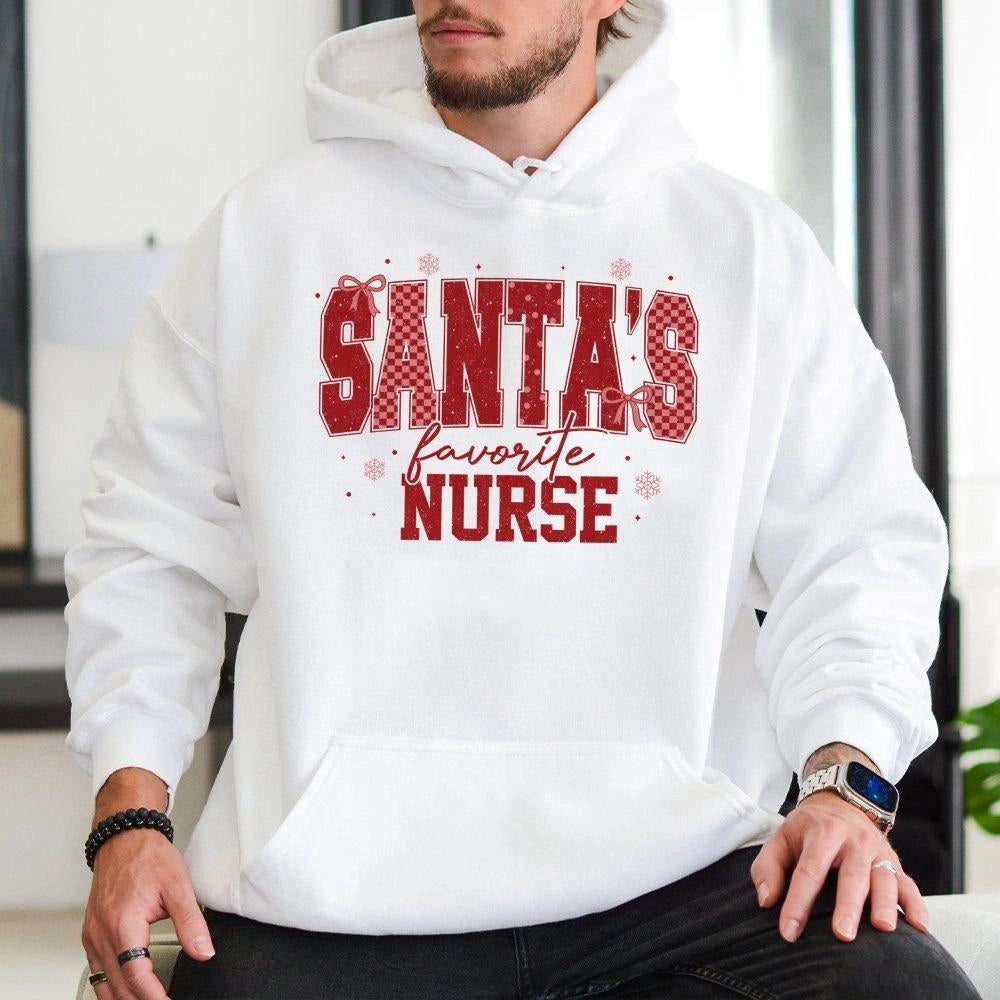 Festive Plaid Christmas Nurse Sweatshirt, Santa's Favorite Nurse Hoodie, Adorable RN Holiday Hooded Pullover, Humorous Nurse 