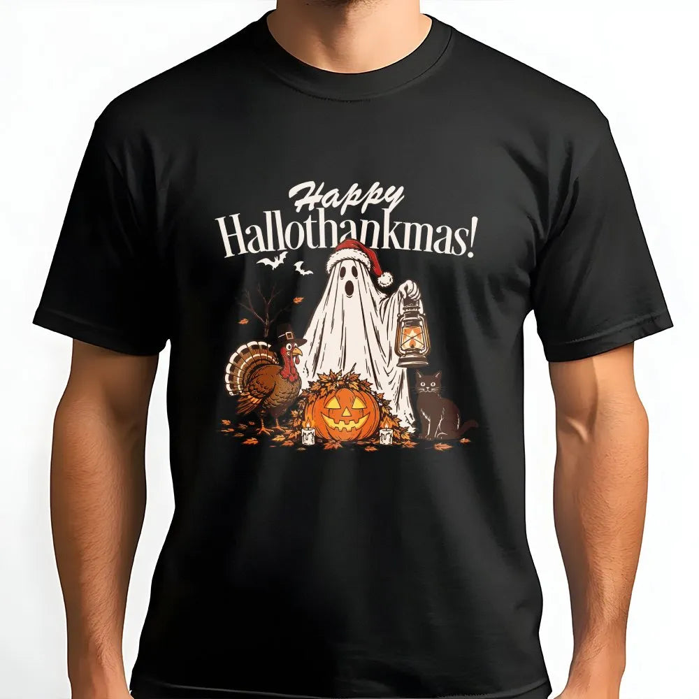 Ghost Santa Hat Thanksgiving Tee, Happy Hallothankmas Shirt, Hallothankmas Halloween Christmas Mashup T-Shirt, Turkey Pumpkin