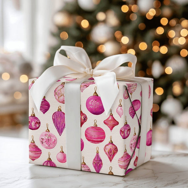 Watercolor Ornament Gift Wrap, Pink and Gold Christmas Wrapping Paper, Holiday Baubles Wrapping Paper, Xmas Gift Wrap, Festiv