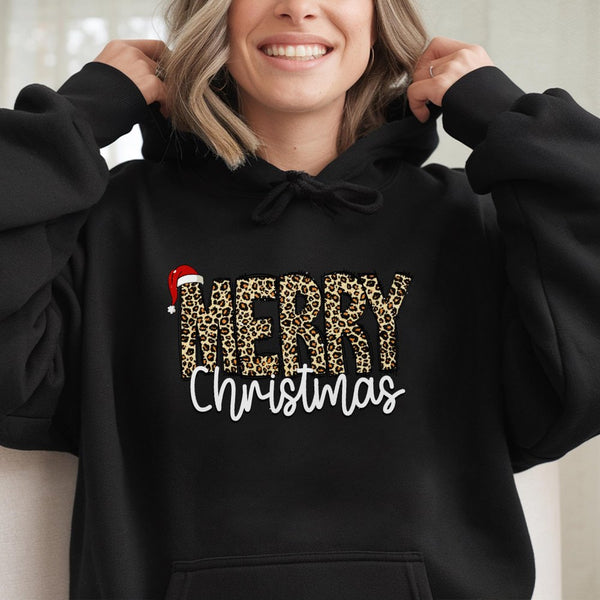 Leopard Santa Hat Sweatshirt, Merry Christmas Hoodie, Adorable Holiday Graphic Hooded Sweater, Comfy Winter Xmas Pullover, Wo