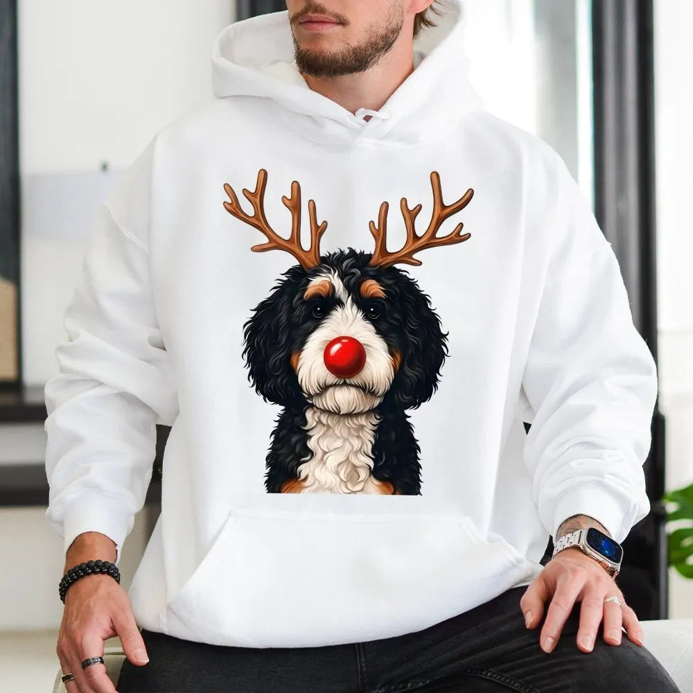 Reindeer Dog Holiday Hoodie, Bernadoodle Christmas Hoodie, Bernedoodle Sweatshirt, Adorable Dog Lover Graphic Hoodie, Present