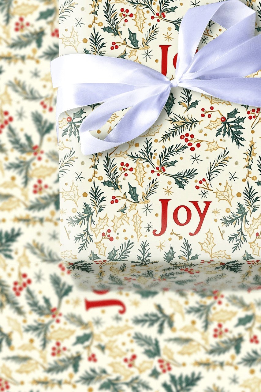 Evergreen Foliage Gift Wrap, Joy Holly Berry Christmas Wrapping Paper, Botanical Holiday Wrapping Paper, Elegant Winter Gift 