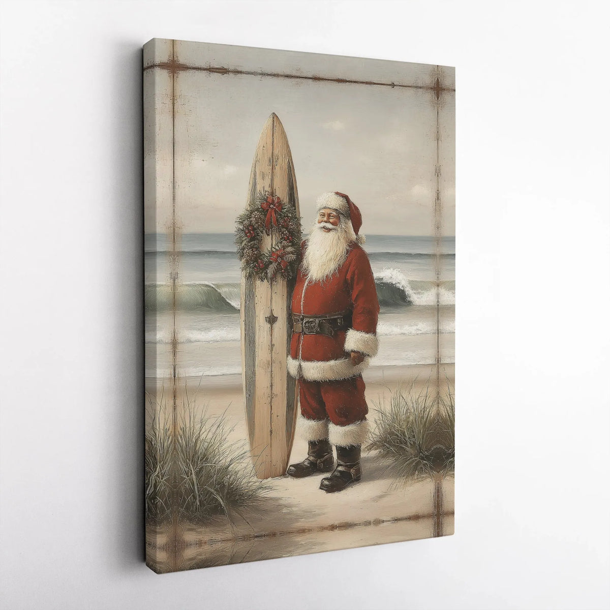 Vintage Surfing Santa Print, Coastal Santa Claus Canvas Wall Art, Tropical Christmas Canvas, Beach Holiday Decor, Surfer Sant