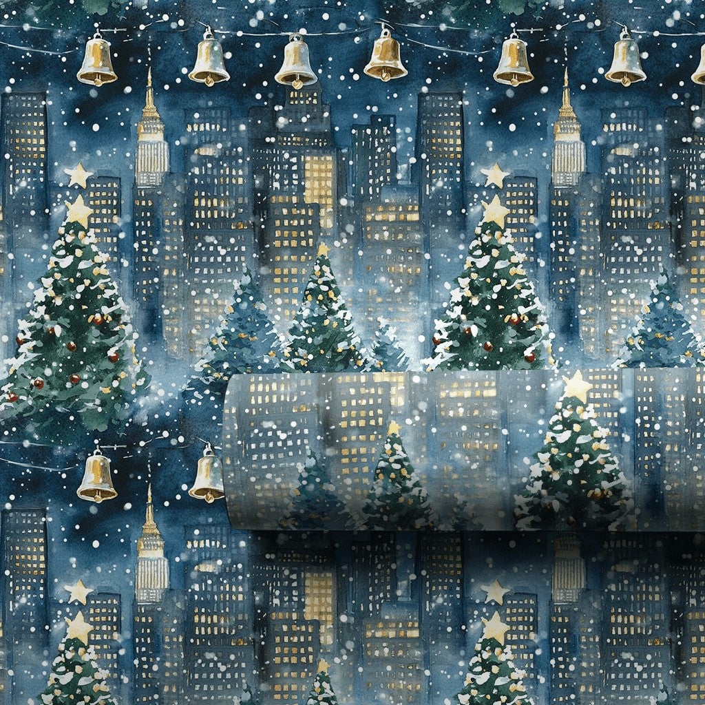 Snowy NYC Skyline Holiday Gift Wrap, New York City Christmas Wrapping Paper, Watercolor Cityscape Present Paper, Winter City 
