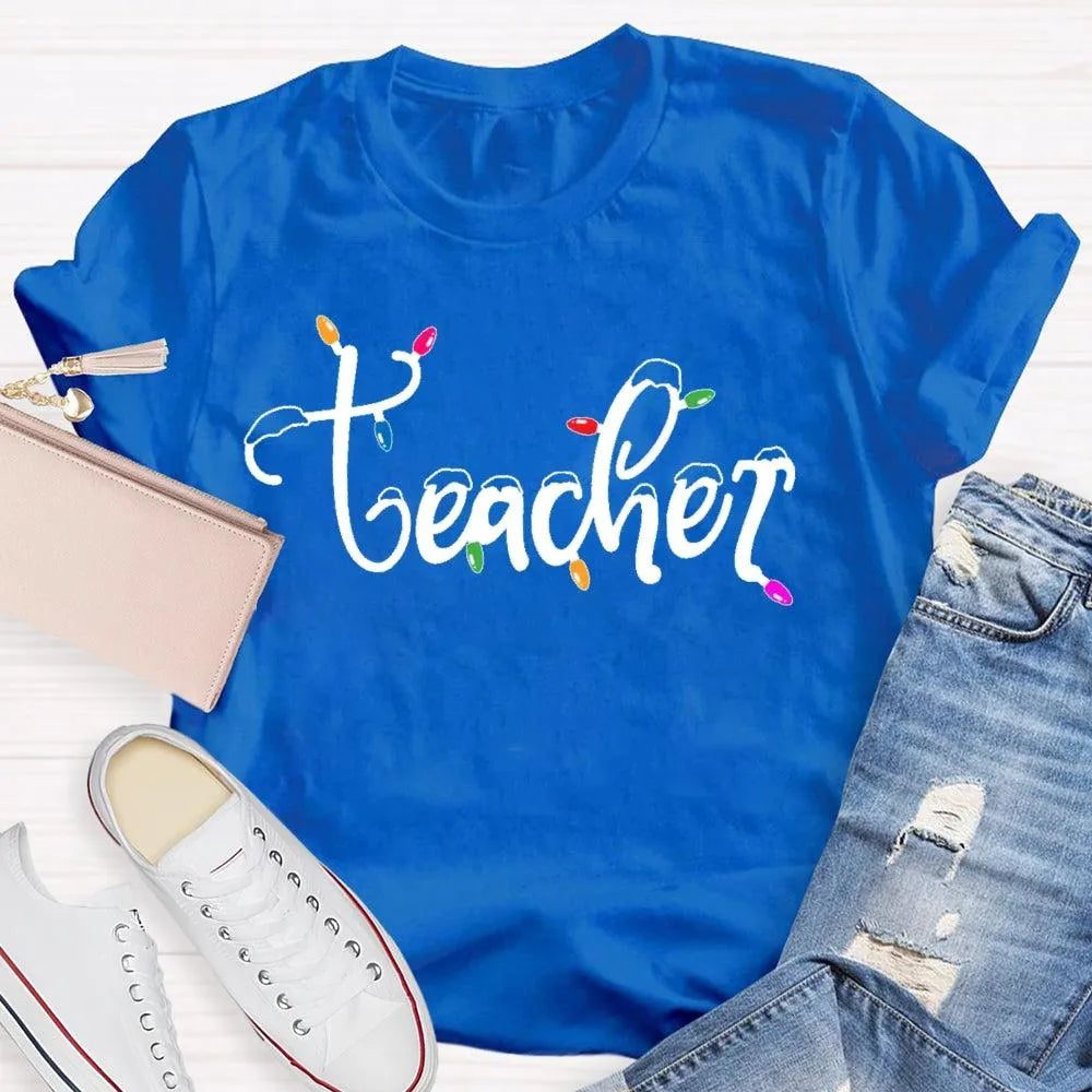 Adorable Holiday Educator Graphic Tee, Christmas Lights Snow Teacher T-Shirt, Festive Winter Teacher Shirt, Merry Christmas P