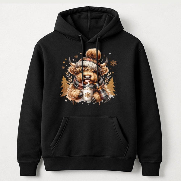 Festive Winter Animal Sweatshirt, Highland Cow Christmas Hoodie, Adorable Holiday Cow Hoodie, Comfy Farmhouse Xmas Pullover, 