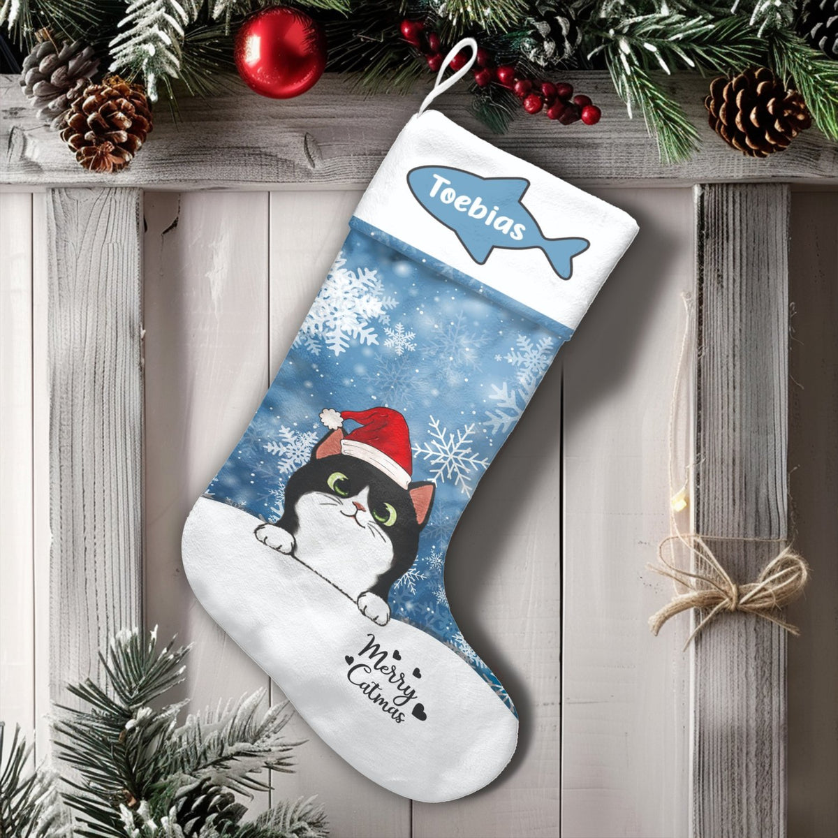 Kitten Christmas Stocking, Tuxedo Cat Christmas Stocking, Pet Lover Holiday Stocking, Comfy Winter Fireplace Mantel Decor, Ca