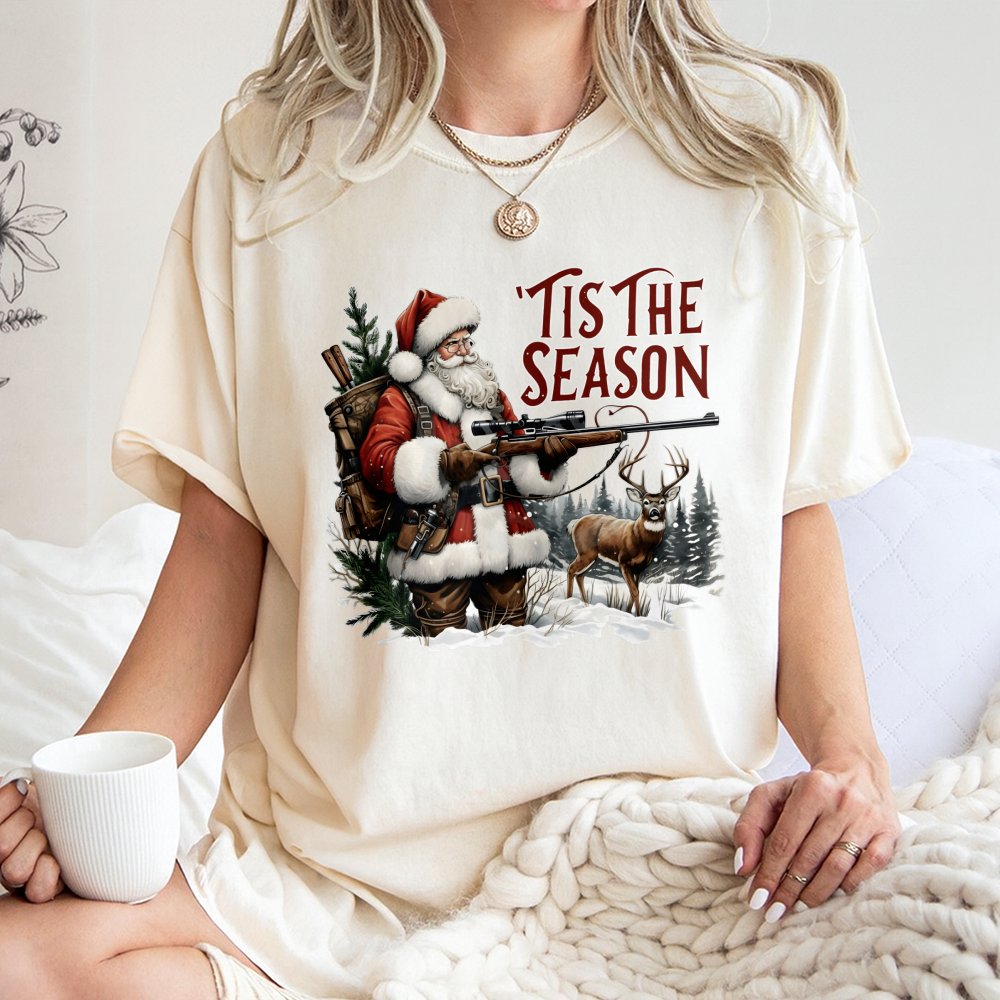Humorous Deer Hunter Christmas T-Shirt, Tis the Season Santa Hunting Shirt, Retro Xmas Hunting Tee, Outdoorsman Holiday Graph