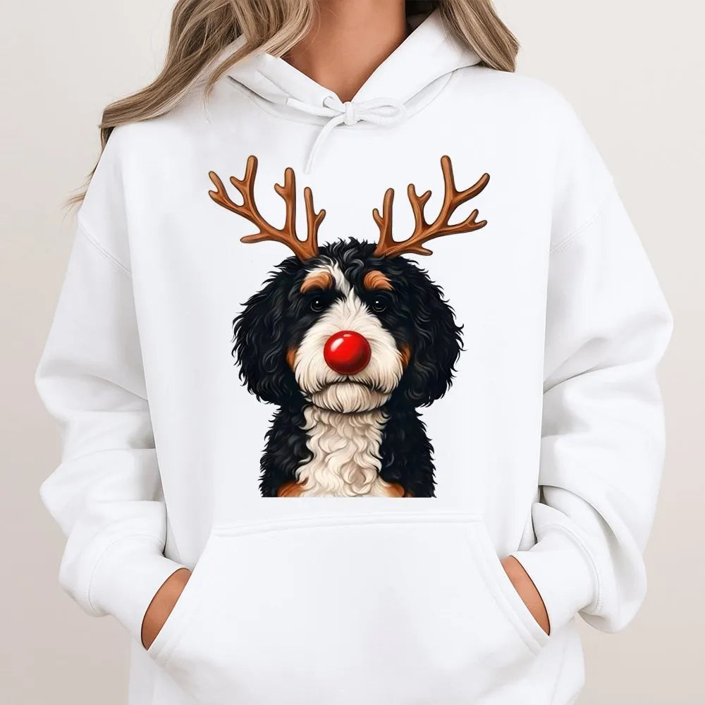 Reindeer Dog Holiday Hoodie, Bernadoodle Christmas Hoodie, Bernedoodle Sweatshirt, Adorable Dog Lover Graphic Hoodie, Present