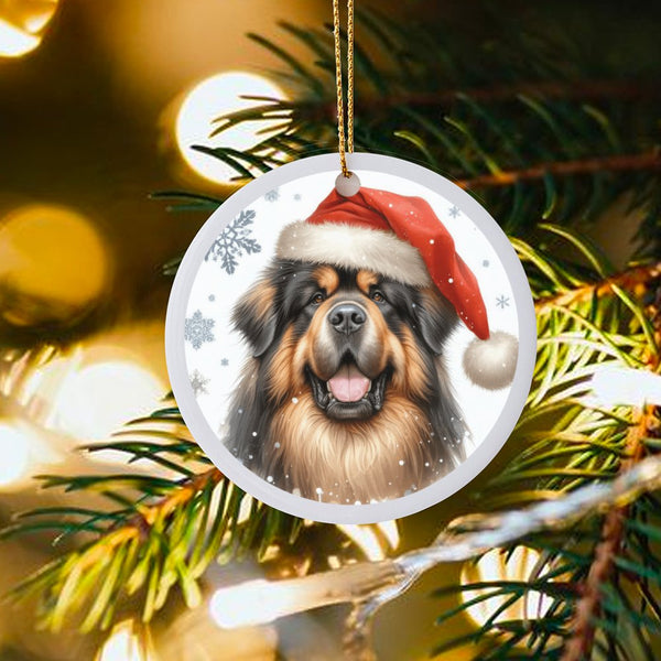 Santa Hat Dog Ornament, Tibetan Mastiff Christmas Ornament, Adorable Puppy Ceramic Ornament, Pet Lover Holiday Tree Decoratio