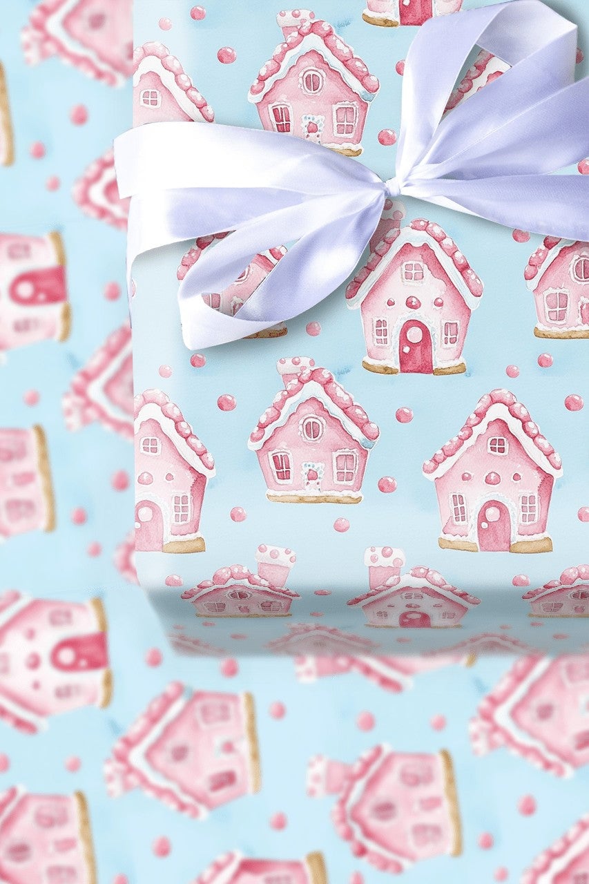 Pastel Christmas Wrapping Paper, Pink Gingerbread House Wrapping Paper, Watercolor Holiday Gift Wrap, Adorable Winter Present