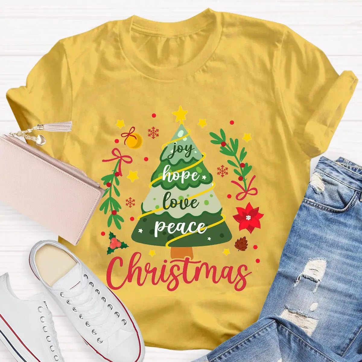 Joy Hope Love Peace Holiday Graphic Tee, Christmas Tree T-Shirt, Retro Xmas Tree Shirt, Festive Holiday Apparel Present