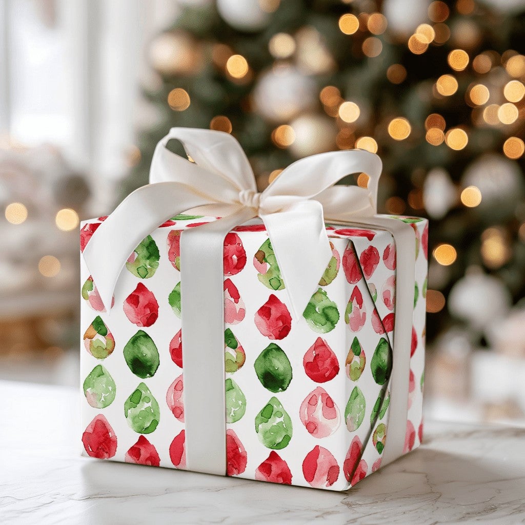 Red and Green Christmas Gift Wrap, Watercolor Gem Teardrop Wrapping Paper, Retro Holiday Teardrop Wrapping Paper, Festive Gif