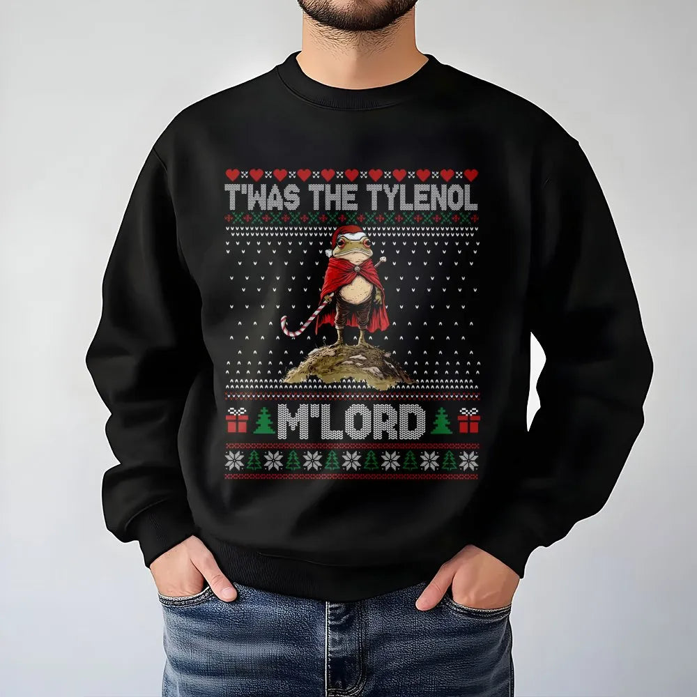 Humorous Frog Christmas Meme Crewneck, Twas the Tylenol Mlord Sweatshirt, Medieval Frog Holiday Sweatshirt, Viral Humor Xmas 