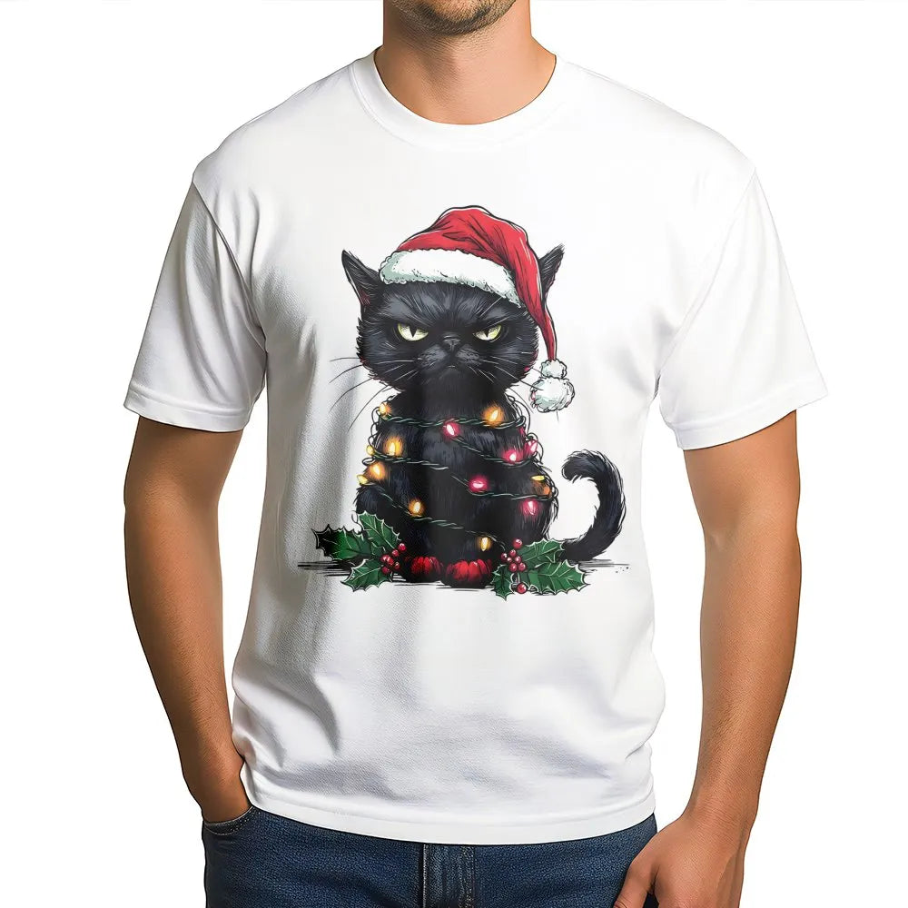 Grumpy Kitten Holiday Lights Graphic Tee, Black Cat Christmas Shirt, Humorous Cat Lover T-Shirt, Spooky Adorable Xmas Cat Shi