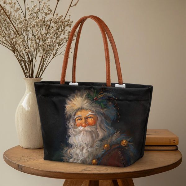 Christmas Oil Painting Shoulder Tote Bag, Vintage Santa Claus Tote Bag, Holiday Everyday Handbag Tote, Festive Winter Travel 