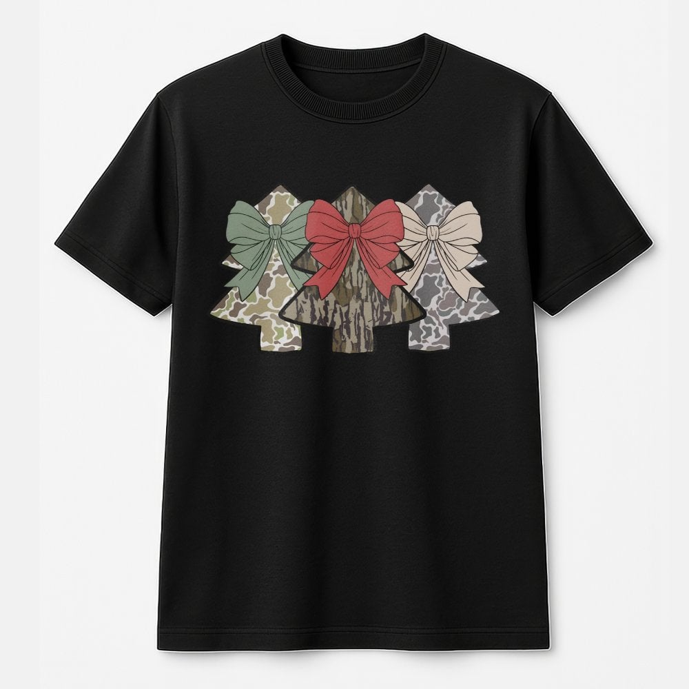 Coquette Bow Festive Camouflage Holiday Tee, Camo Christmas Tree T-Shirt, Southern Country Hunting Xmas Shirt, Hunting Lover 