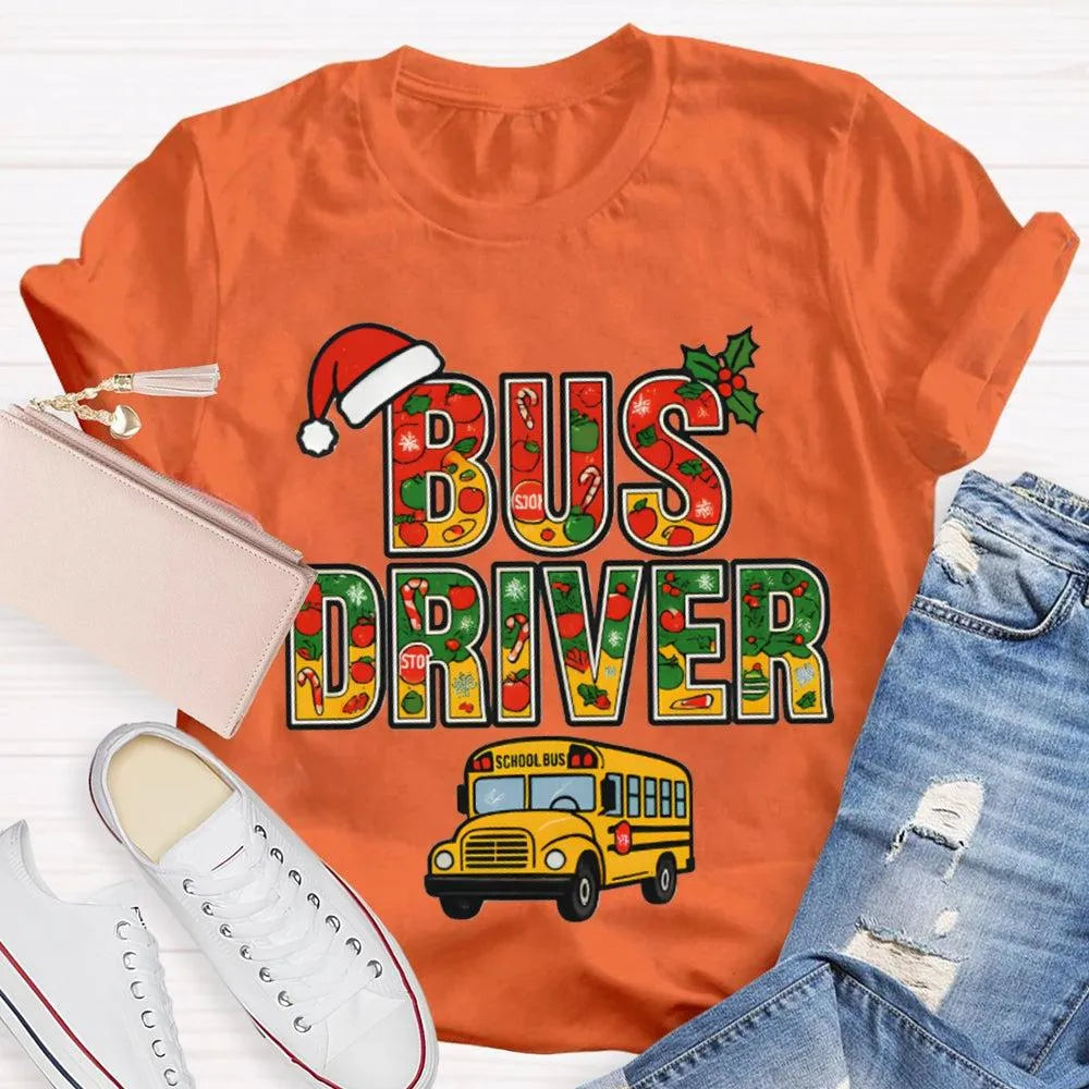 Santa Hat Bus Driver Graphic Tee, School Bus Driver Christmas T-Shirt, Humorous Holiday Driver Shirt, Transportation Staff Xm