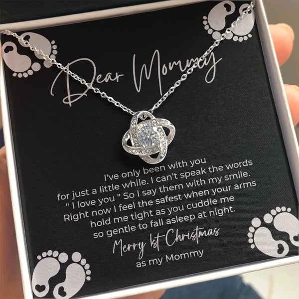 Love Knot Pendant Necklace, First Christmas Mommy Necklace, Cubic Zirconia New Mom Necklace, 14k White Gold Over Stainless St