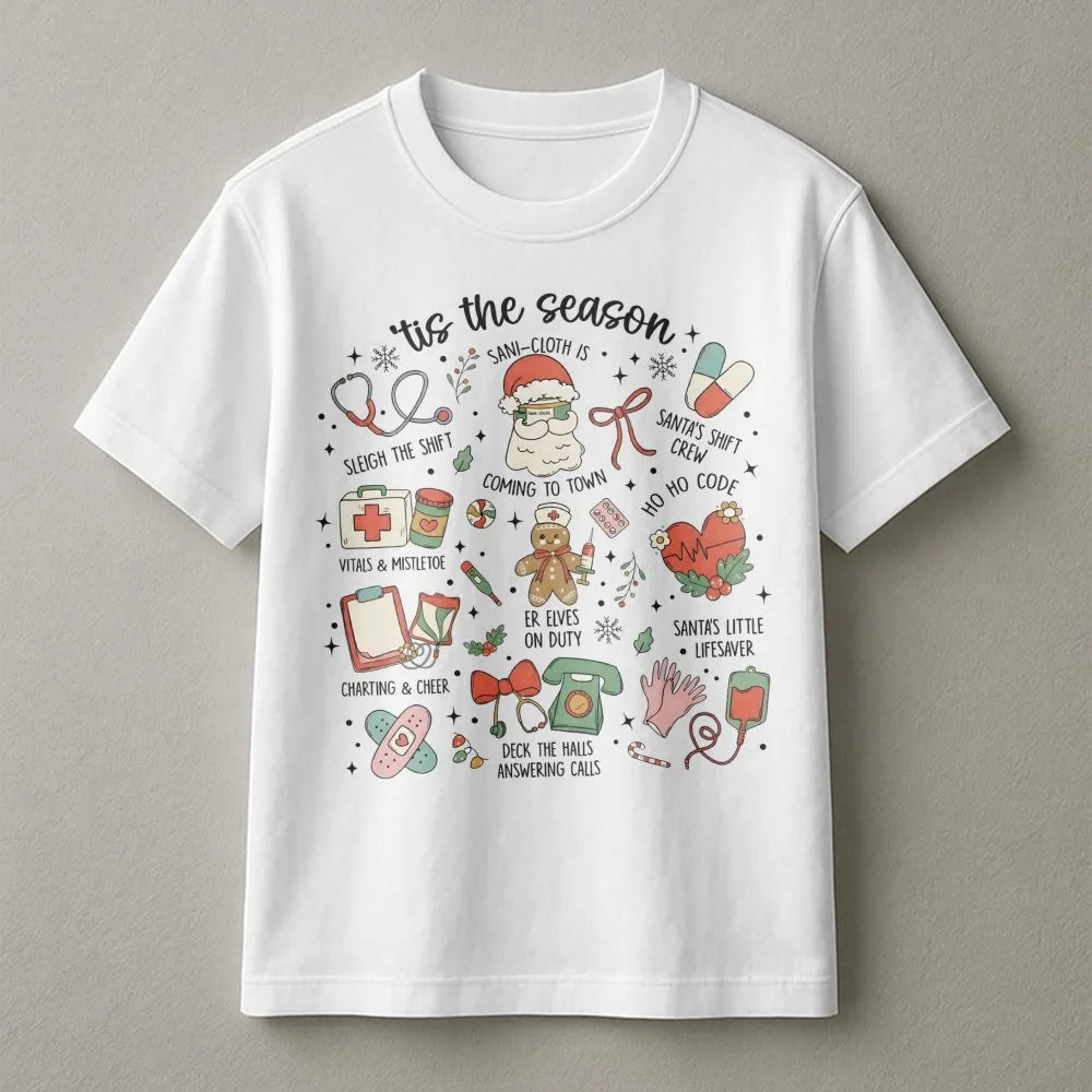 Medical Holiday Icons Graphic Tee, Nurse Christmas T-Shirt, Adorable Healthcare Worker Shirt, RN Christmas Tree Tee, Hospital