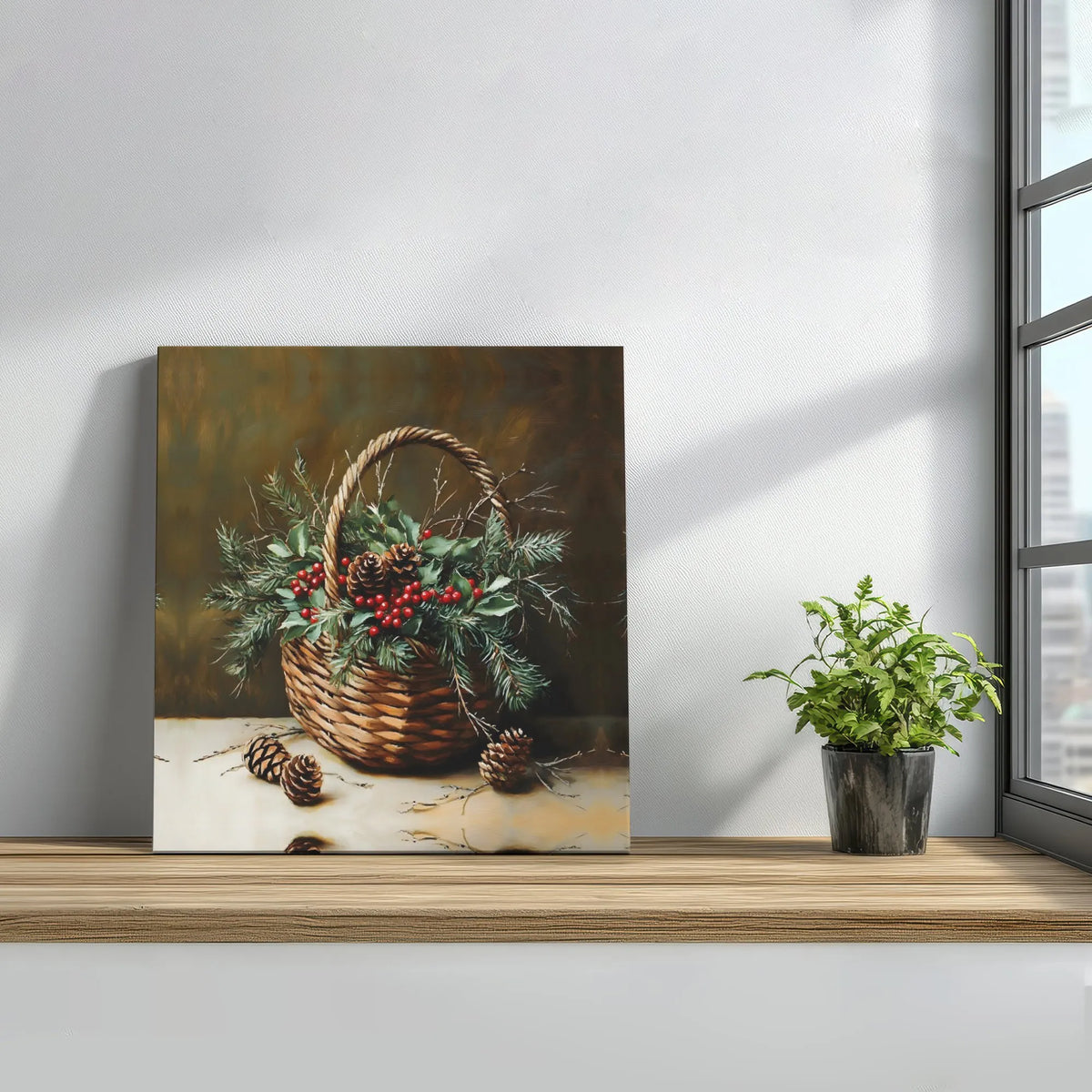 Rustic Holly Berry Canvas Print, Christmas Basket Still Life Canvas Wall Art, Winter Pinecone Painting, Holiday Decor Digital