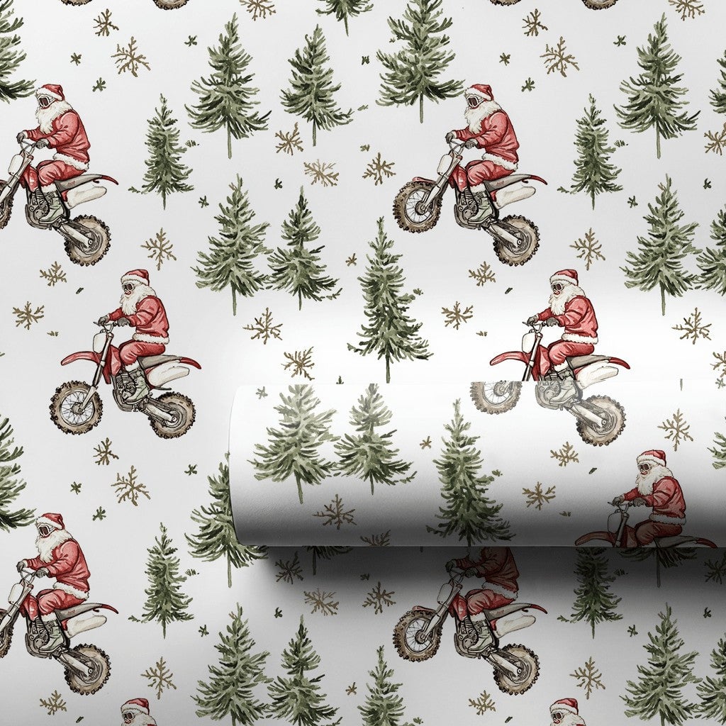 Dirt Bike Santa Gift Wrap, Motocross Santa Wrapping Paper, Motorcycle Christmas Wrapping Paper, Biker Holiday Gift Wrap, Moto