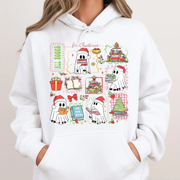 Adorable Reading Ghost Bookish Hoodie, Christmas Ghost Hoodie, Comfy Book Lover Holiday Sweatshirt, Librarian Xmas Graphic Pu