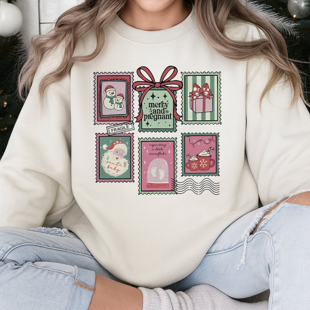 Adorable Postage Stamp Holiday Sweatshirt, Merry and Pregnant Christmas Sweatshirt, Baby Announcement Sweatshirt, Expecting M